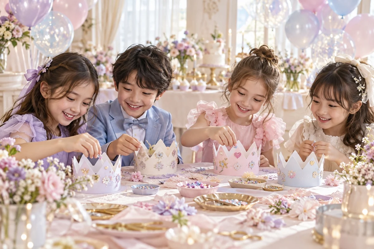An illustration of children enjoying crafts around a decorated party table