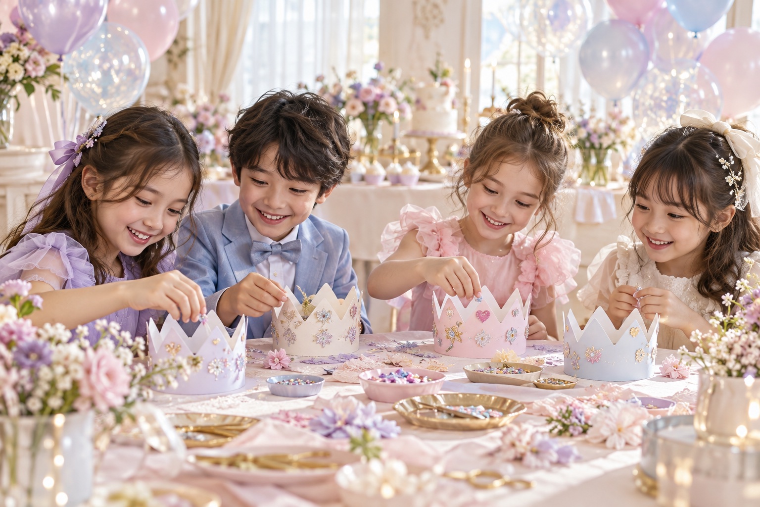 テーブルを囲み、一緒に工作を楽しむ子どもたち