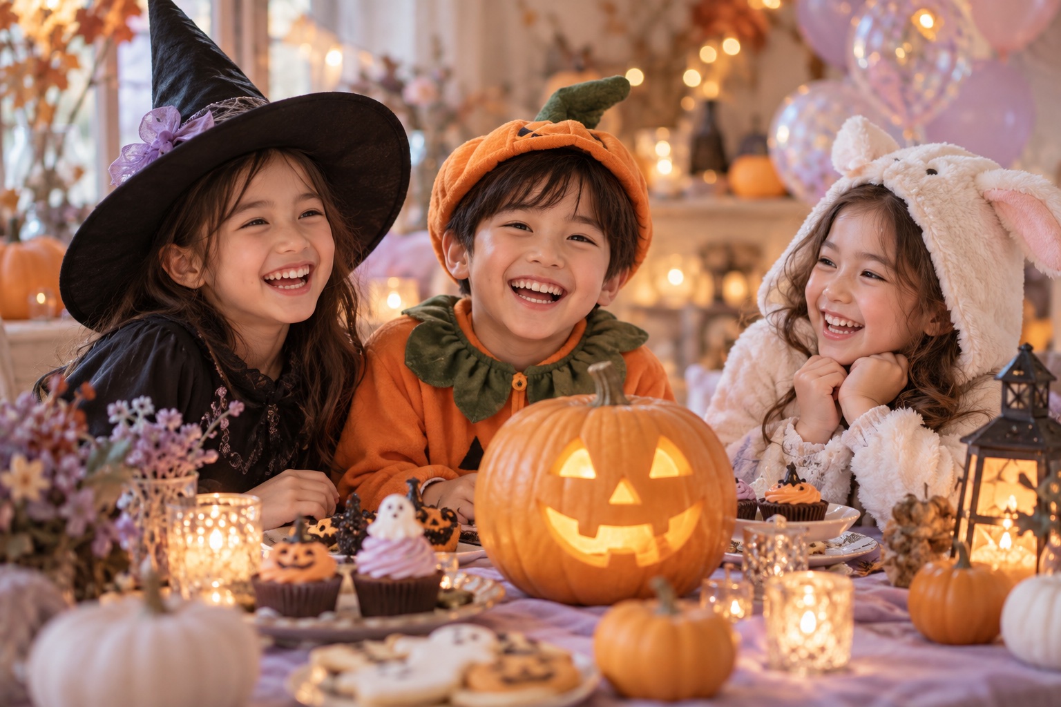 かぼちゃを囲んでハロウィンの仮装を楽しむ子どもたち