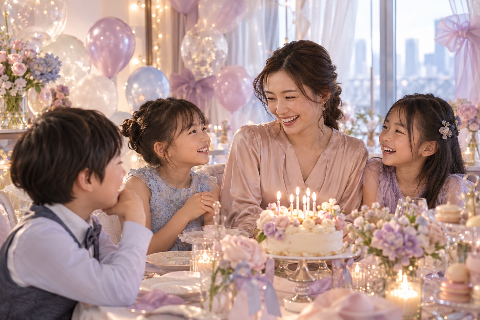 子どもたちと一緒にパーティーを楽しむ保護者